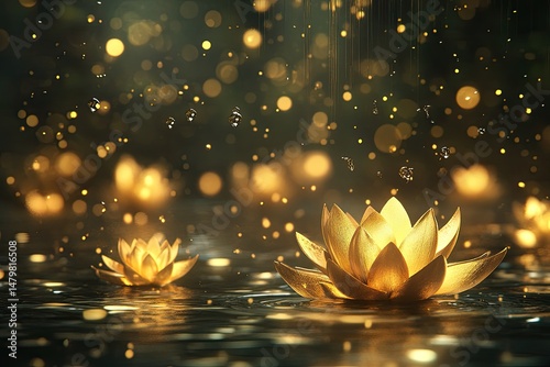 Golden lotus flowers illuminated by night rain