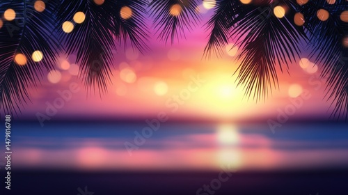Tropical Sunset Palm Silhouette with Bokeh Lights over Ocean Water at Dusk Beautiful Blurred Background