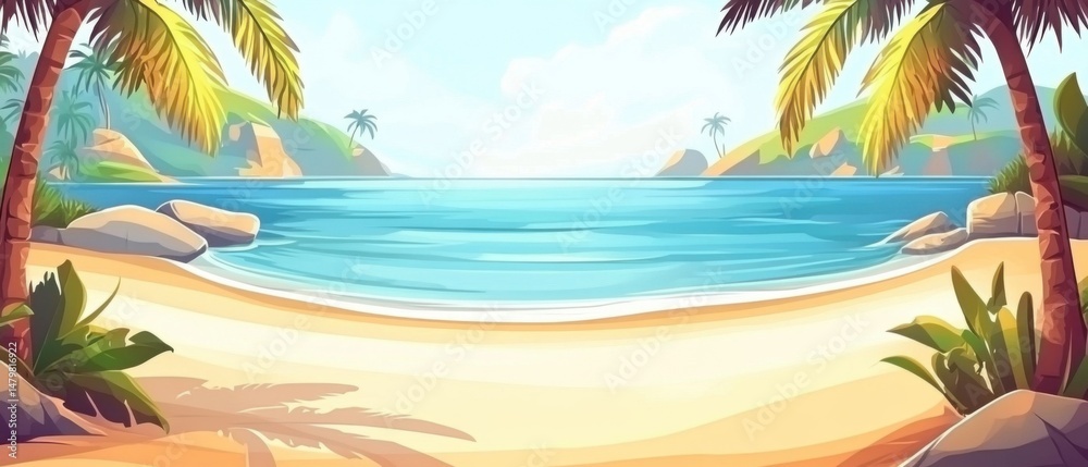 Fototapeta premium Tropical beach paradise cartoon illustration with palm trees and turquoise water sunny day vacation destination