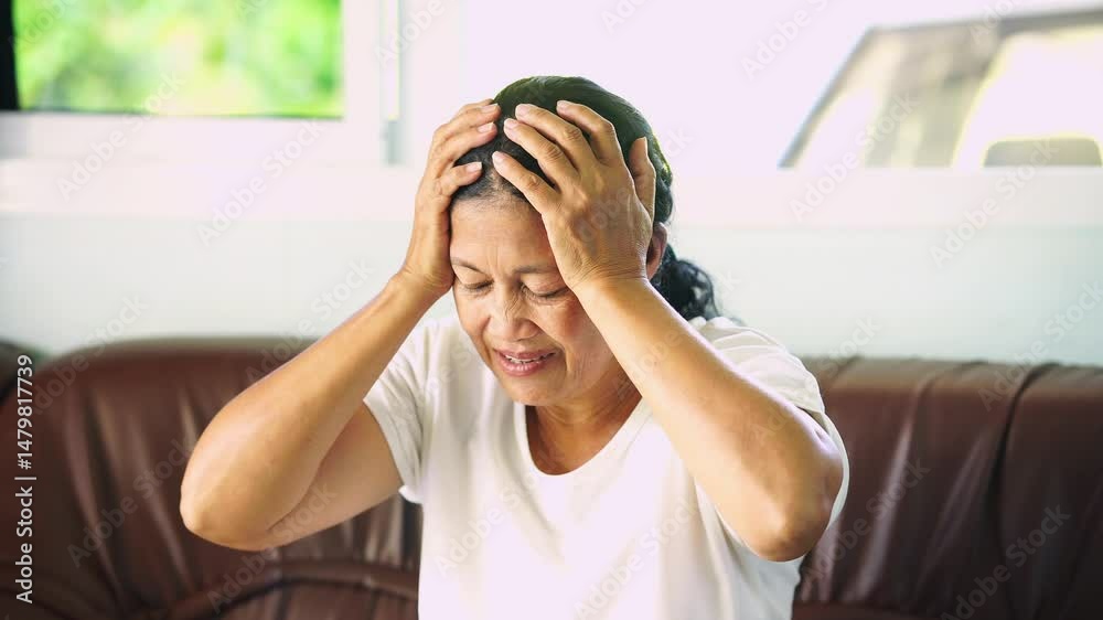Asian senior woman holding head with both hands in stress, anxiety, depression facial expression. Health care, mental health and emotions. lifestyle for wellness. Patient Elderly feeling sad, headache Asian senior woman holding head with both hands in stress, anxiety, depression facial expression. Health care, mental health and emotions. lifestyle for wellness. Patient Elderly feeling sad, headache