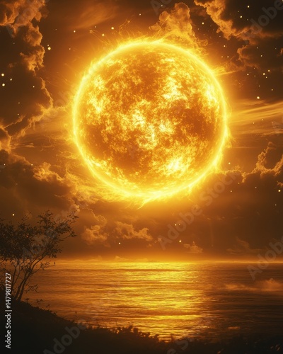 Golden sun rising over tranquil ocean horizon landscape with clouds and stars in the sky; scenic view from shore perspective