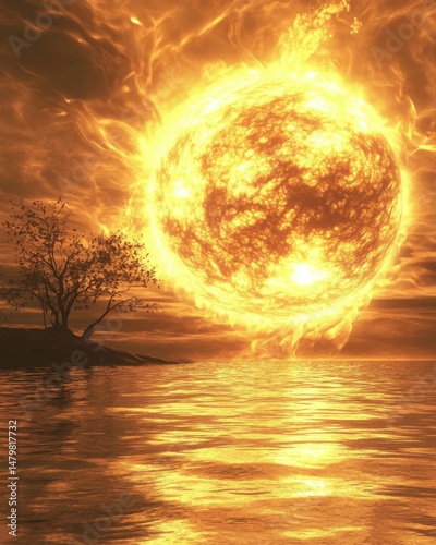 Fiery Sun Rising Over Golden Ocean Landscape, Dramatic Sky, Tree Silhouette, Fantasy Scene, Warm Tones, Atmospheric, Seascape, Glowing Light