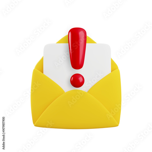 Vector cartoon 3d Email error icon. 3d render open yellow envelope with red exclamation mark. Spam warning email sign, important information notification, alert mail system concept, attention letter.