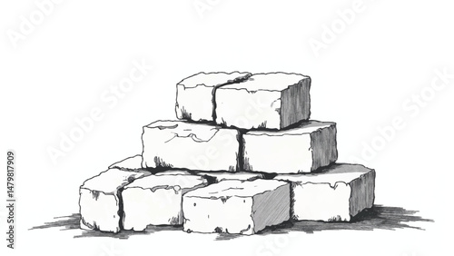 A black and white, hand-drawn illustration of a stack of bricks on a white background. Brick wall. A stack of bricks.	