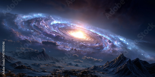 a spiral galaxy, showcasing its intricate and majestic structure. The central core glows brightly, suggesting a dense concentration of stars