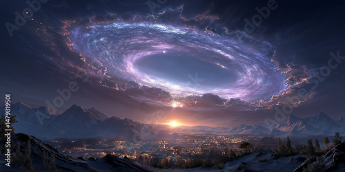 a spiral galaxy, showcasing its intricate and majestic structure. The central core glows brightly, suggesting a dense concentration of stars
