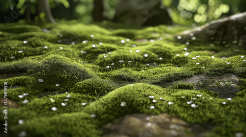 beautifully illustrates the intricate beauty and serenity of a moss-covered forest floor, inviting viewers to pause and appreciate the wonders of nature at a micro level.