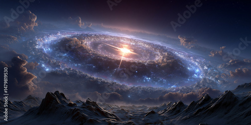 a spiral galaxy, showcasing its intricate and majestic structure. The central core glows brightly, suggesting a dense concentration of stars