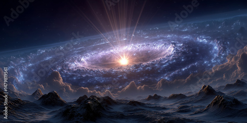 a spiral galaxy, showcasing its intricate and majestic structure. The central core glows brightly, suggesting a dense concentration of stars