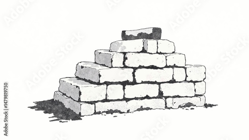 A black and white, hand-drawn illustration of a stack of bricks on a white background. Brick wall. A stack of bricks.	