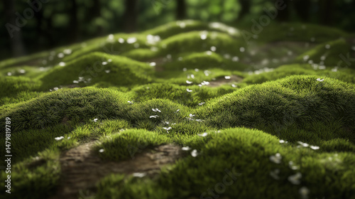 beautifully illustrates the intricate beauty and serenity of a moss-covered forest floor, inviting viewers to pause and appreciate the wonders of nature at a micro level.