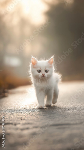 Visually captivating portrayal of a kitten in a serene, golden-hour setting. Its combination of warm tones, soft textures, and an adorable subject creates an emotional
