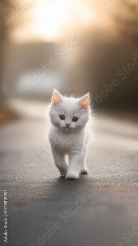 Visually captivating portrayal of a kitten in a serene, golden-hour setting. Its combination of warm tones, soft textures, and an adorable subject creates an emotional