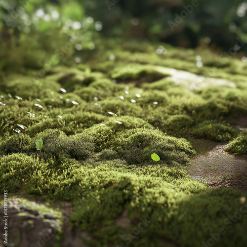 beautifully illustrates the intricate beauty and serenity of a moss-covered forest floor, inviting viewers to pause and appreciate the wonders of nature at a micro level.
