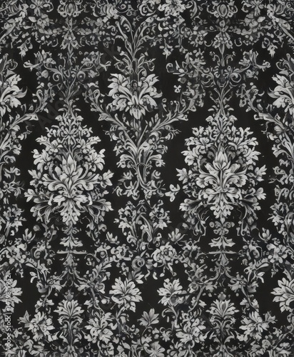 Intricate gothic damask; black and white floral wallpaper with repeating pattern , antique, luxury, white