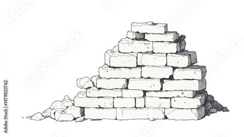 A black and white, hand-drawn illustration of a stack of bricks on a white background. Brick wall. A stack of bricks.	