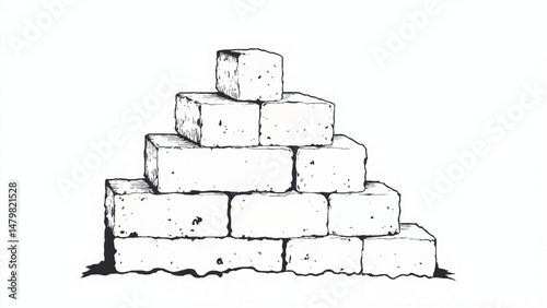 A black and white, hand-drawn illustration of a stack of bricks on a white background. Brick wall. A stack of bricks.	