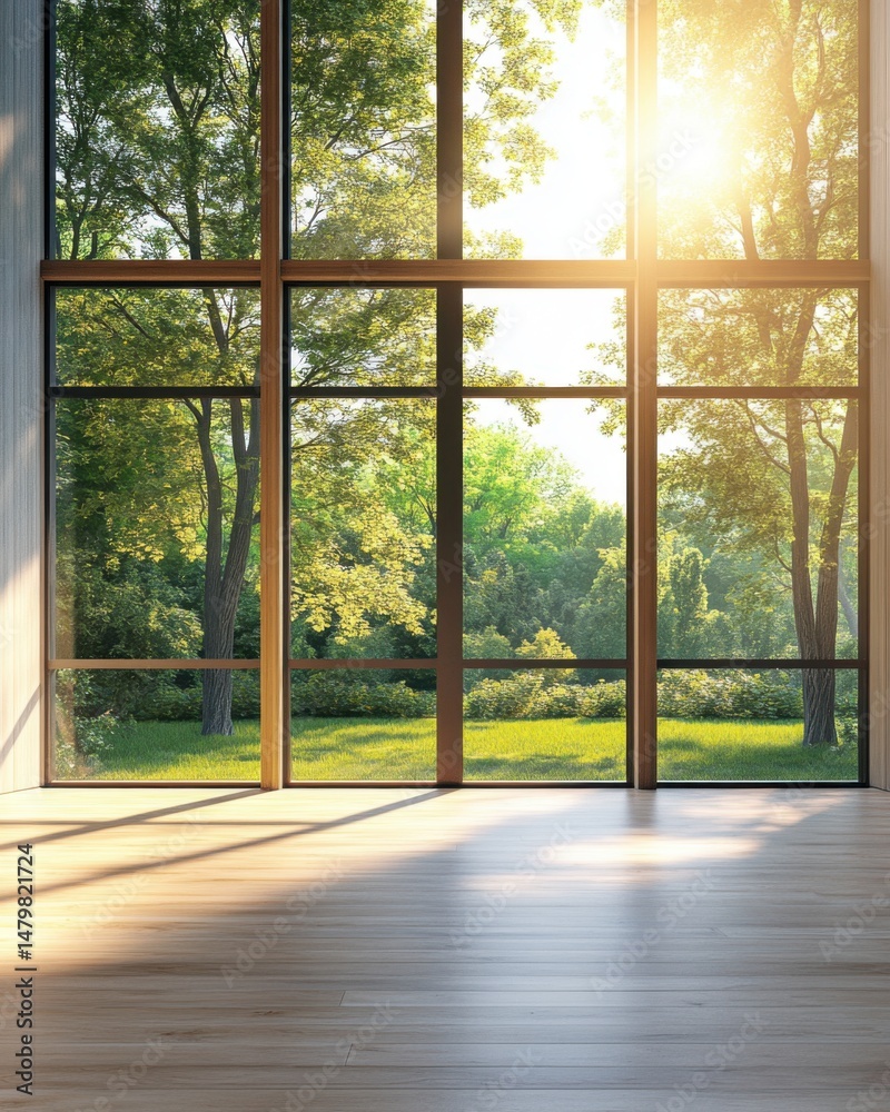 Fototapeta premium Interior view of empty room with large window looking out to green trees and sunlight shining through in daytime