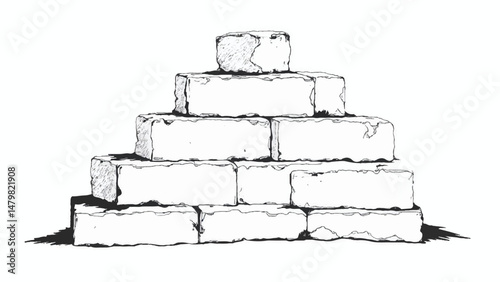 A black and white, hand-drawn illustration of a stack of bricks on a white background. Brick wall. A stack of bricks.	