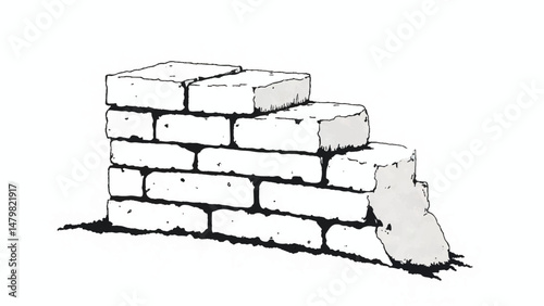 A black and white, hand-drawn illustration of a stack of bricks on a white background. Brick wall. A stack of bricks.	