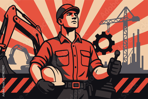 Retro illustration of an industrial laborer, ideal for campaigns , tributes, or editorial designs about labor, effort, and urban development. Industrial worker with helmet and heavy machinery in 