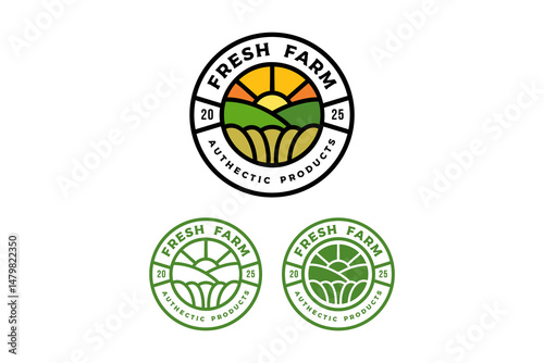 farm with agricultural field, hills, sunset line art illustration logo design set. farming field, mounts, sunburst circle badge logo design set for farmer, gardener, agriculture, environment, ecology