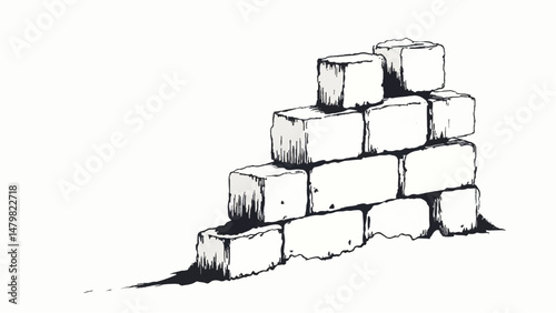 A black and white, hand-drawn illustration of a stack of bricks on a white background. Brick wall. A stack of bricks.	