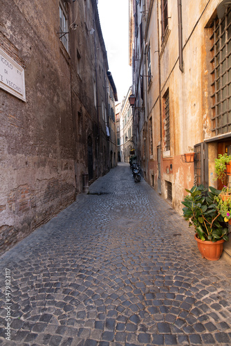 Fototapeta Naklejka Na Ścianę i Meble -  Picturesque cobblestone street in historic Rome. Perfect for travel, tourism, and Italian culture.