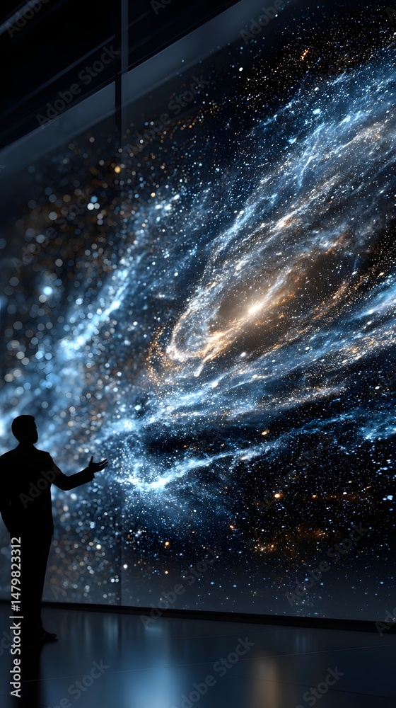 Obraz premium Man in modern room with large screen presenting astrophysics research findings passionately