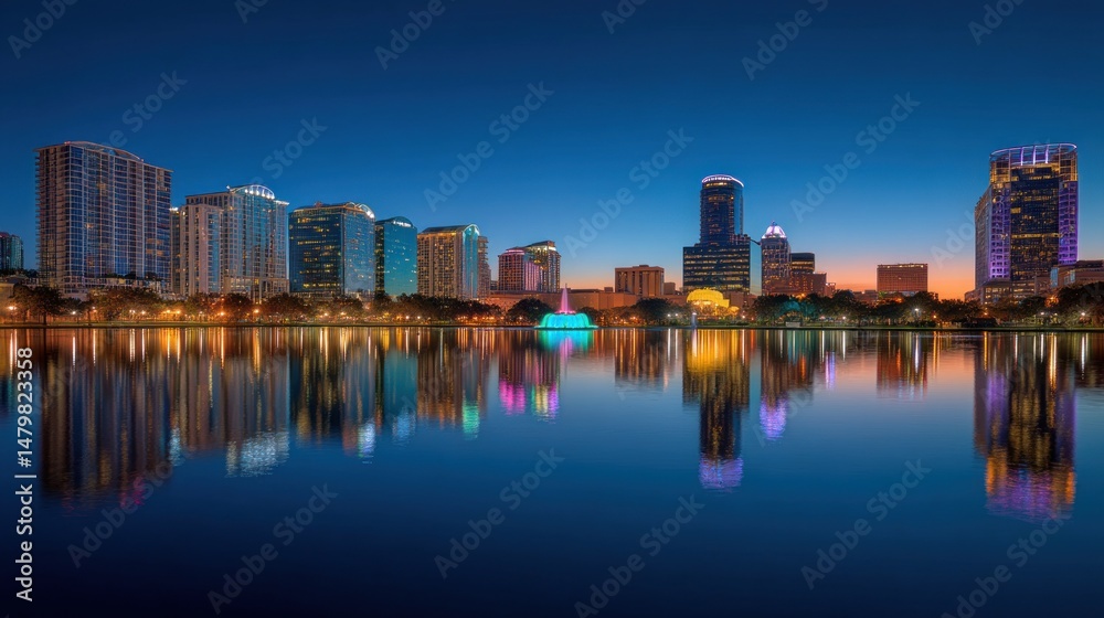 Naklejka premium Lake Eola Park's Stunning Night Reflection of Orlando Skyline