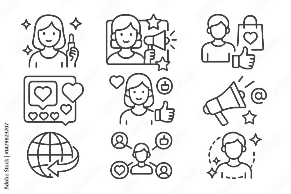Fototapeta premium Set of web icons showcasing various social media interactions and communication elements for digital marketing strategies