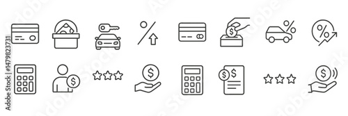 Collection of web icons representing financial activities and services in a minimalist design