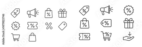 Collection of web icons representing shopping, discounts, and promotions in a minimalist design style