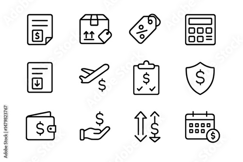 Collection of web icons illustrating finance, shipping, and accounting concepts for digital applications and projects