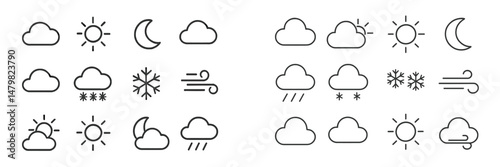 Set of web icons displaying various weather symbols including sun, clouds, rain, and snow for digital use