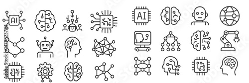Set of web icons featuring artificial intelligence, robots, and network connections in simple line design
