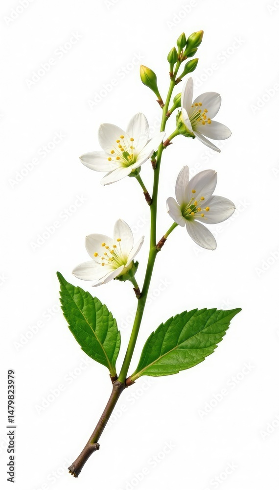 Obraz premium Branch with small flowers and green leaves on white background, branch with flowers, plant stems, green leaf