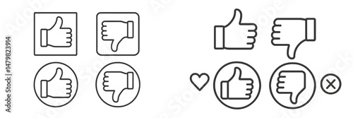 Web icons set showcasing various thumbs up and thumbs down designs for user feedback features across digital platforms