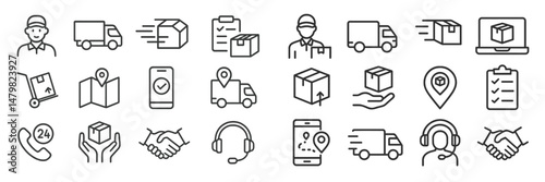 Collection of web icons representing delivery services, logistics, and customer support