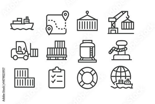 Collection of web icons depicting logistics and transportation elements for efficient maritime operations