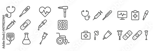 Set of clean and minimal web icons representing medical and healthcare themes for various applications and platforms