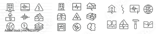 Set of web icons depicting various earthquake-related themes such as buildings, damage, and seismic activity in a minimalist design