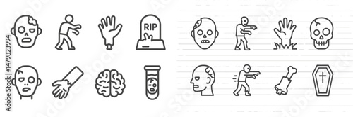 Collection of web icons featuring spooky zombie and horror-themed illustrations for Halloween or horror-related projects
