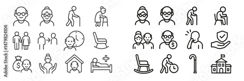 Collection of web icons depicting senior care activities and support services for elderly individuals illustrated in a clear style
