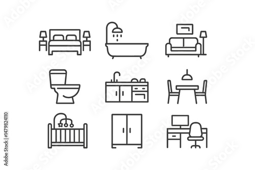 Web icons representing various furniture and household items for design and decor