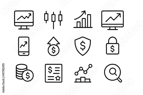 Set of web icons representing financial growth, security, and analysis in a minimalist style for digital applications