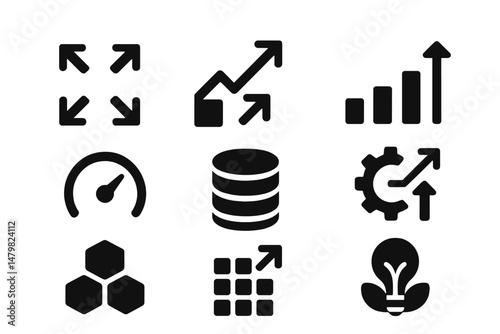 Set of web icons showcasing various symbols for growth, data, and metrics in a clean and modern design style