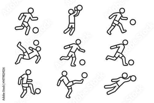 Collection of minimalistic web icons depicting various soccer actions and movements for digital design projects