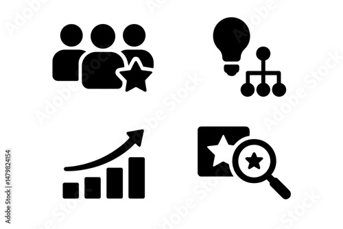 Collection of web icons featuring people, ideas, organization, growth, and evaluation in a minimalist design style