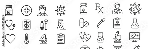 Collection of medical and health-related web icons illustrating various healthcare symbols and tools